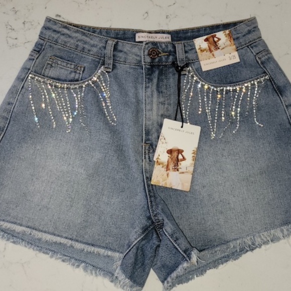 Denim Jean Shorts with Rhinestone Crystal Bling Fringe, size 3/25 - Picture 4 of 5